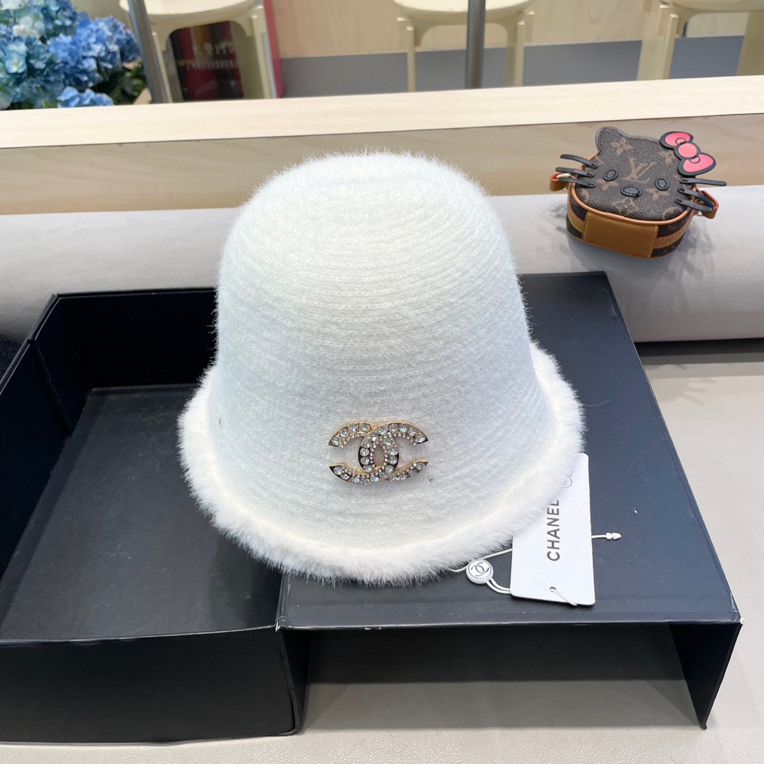 Chanel香奈儿简约毛绒针织渔夫帽子女秋冬素颜休闲百搭盆帽保暖水桶帽