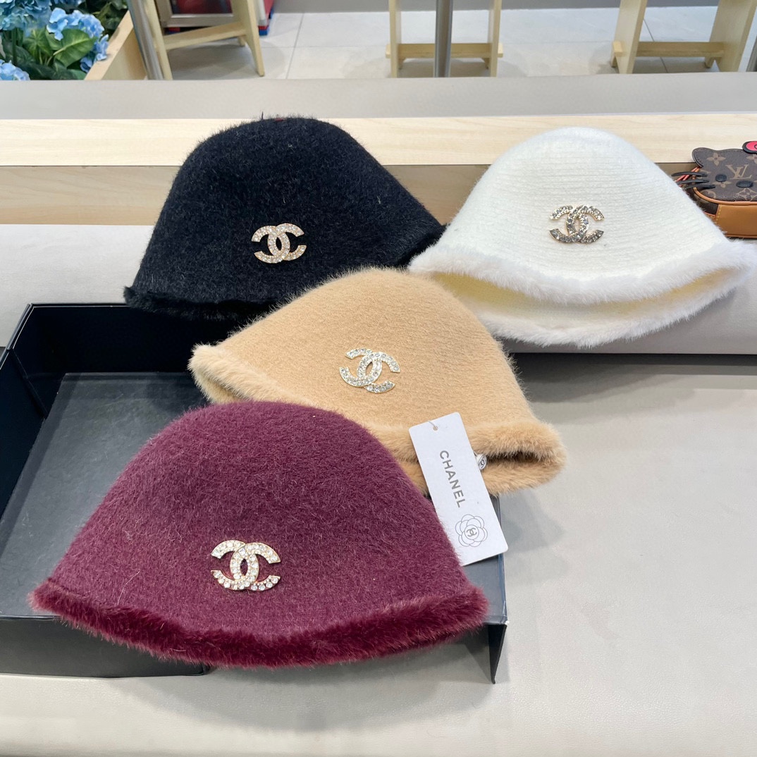 Chanel香奈儿简约毛绒针织渔夫帽子女秋冬素颜休闲百搭盆帽保暖水桶帽