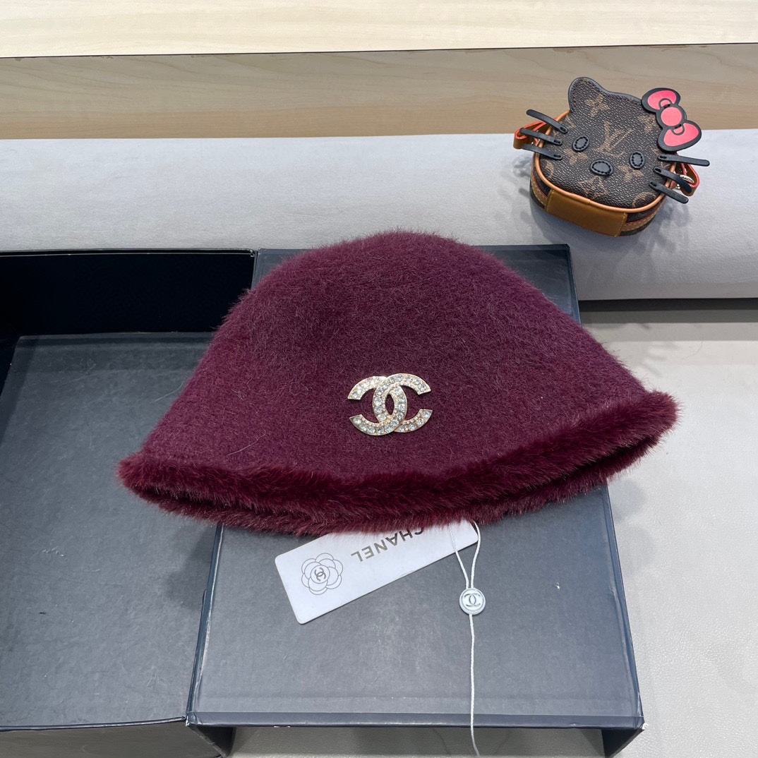 Chanel香奈儿简约毛绒针织渔夫帽子女秋冬素颜休闲百搭盆帽保暖水桶帽