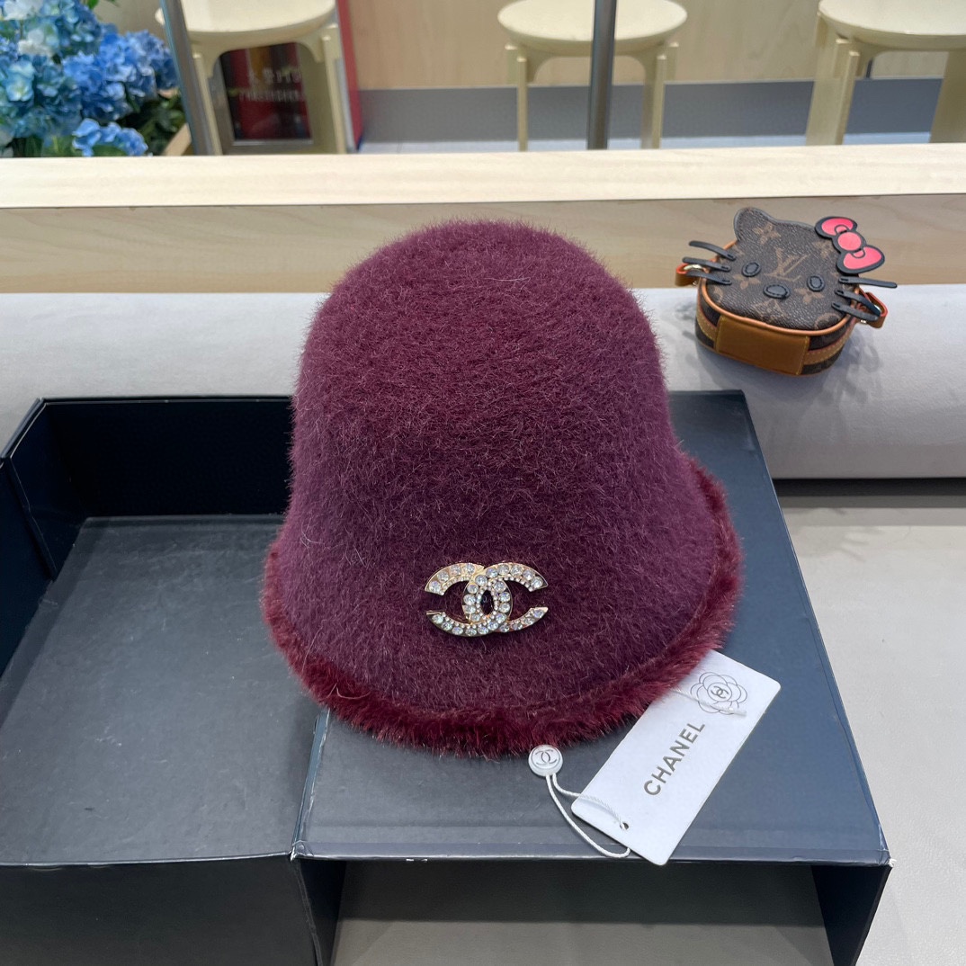 Chanel香奈儿简约毛绒针织渔夫帽子女秋冬素颜休闲百搭盆帽保暖水桶帽