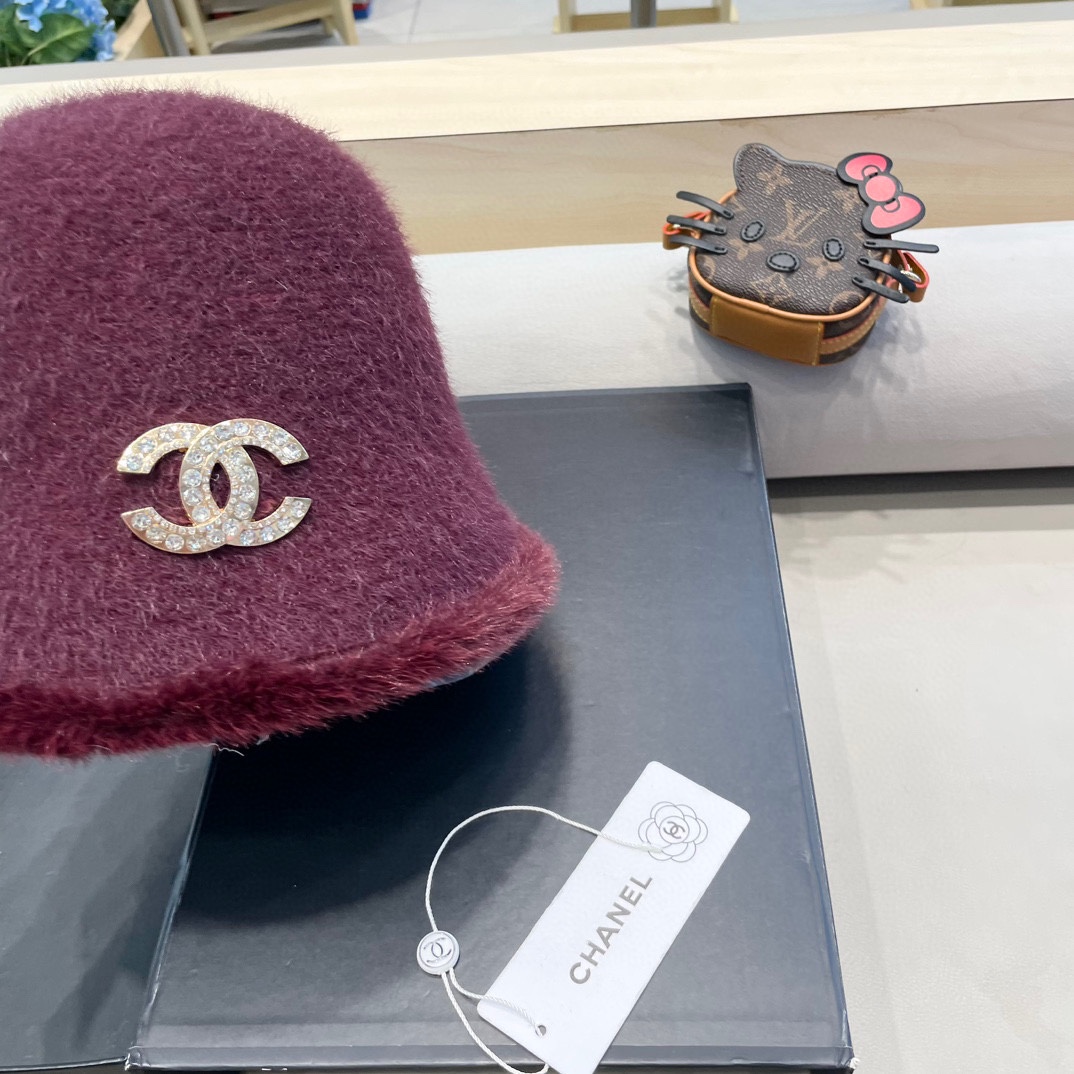 Chanel香奈儿简约毛绒针织渔夫帽子女秋冬素颜休闲百搭盆帽保暖水桶帽