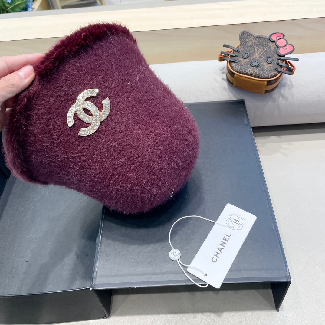 Chanel香奈儿简约毛绒针织渔夫帽子女秋冬素颜休闲百搭盆帽保暖水桶帽