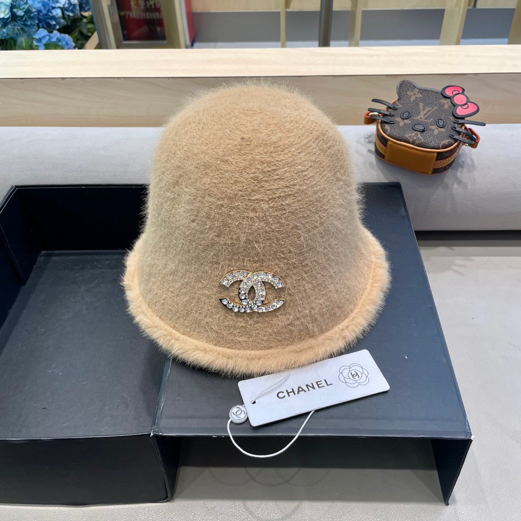 Chanel香奈儿简约毛绒针织渔夫帽子女秋冬素颜休闲百搭盆帽保暖水桶帽