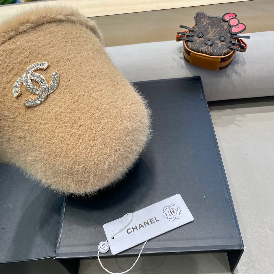 Chanel香奈儿简约毛绒针织渔夫帽子女秋冬素颜休闲百搭盆帽保暖水桶帽