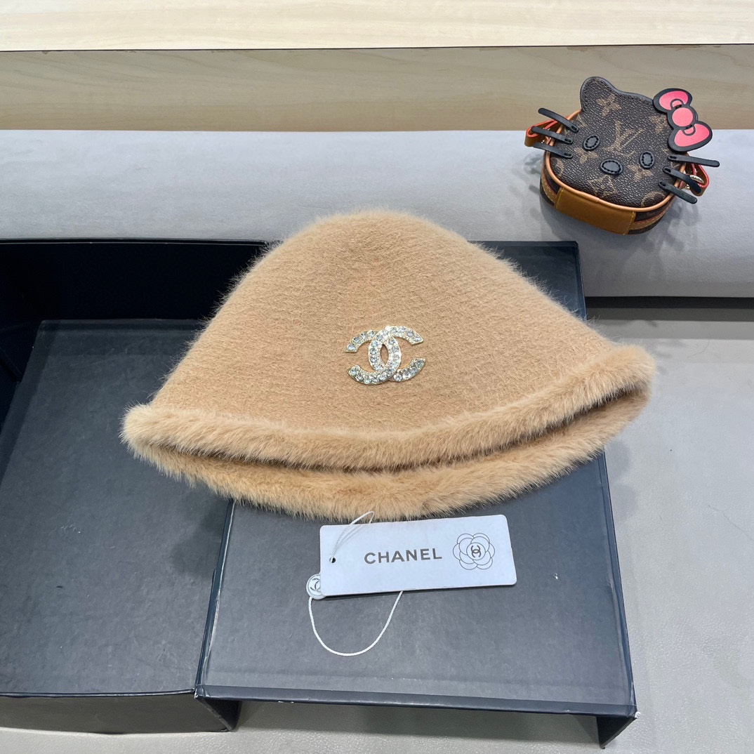 Chanel香奈儿简约毛绒针织渔夫帽子女秋冬素颜休闲百搭盆帽保暖水桶帽