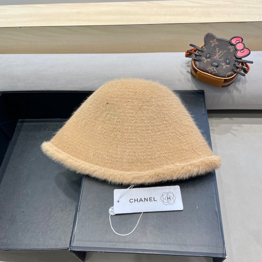 Chanel香奈儿简约毛绒针织渔夫帽子女秋冬素颜休闲百搭盆帽保暖水桶帽