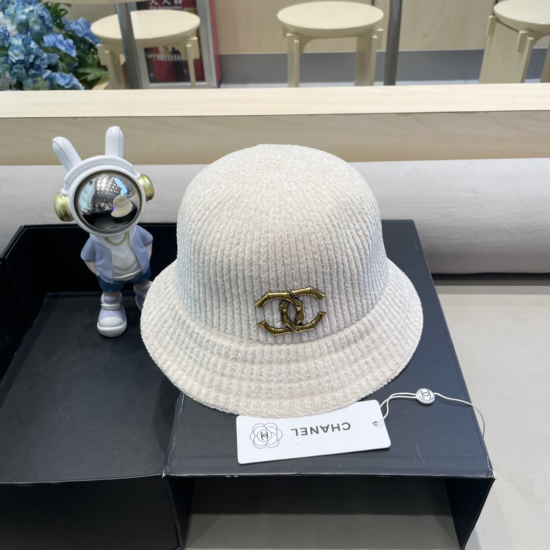  Chanel 纯色针织雪尼尔渔夫帽女短檐秋冬百搭休闲韩版显脸小网红水桶盆帽