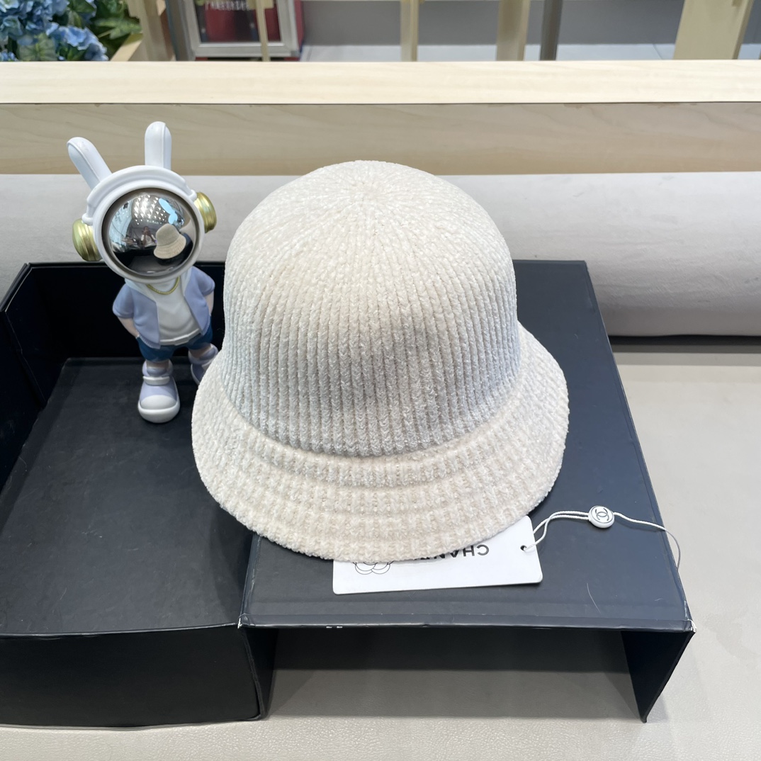  Chanel 纯色针织雪尼尔渔夫帽女短檐秋冬百搭休闲韩版显脸小网红水桶盆帽