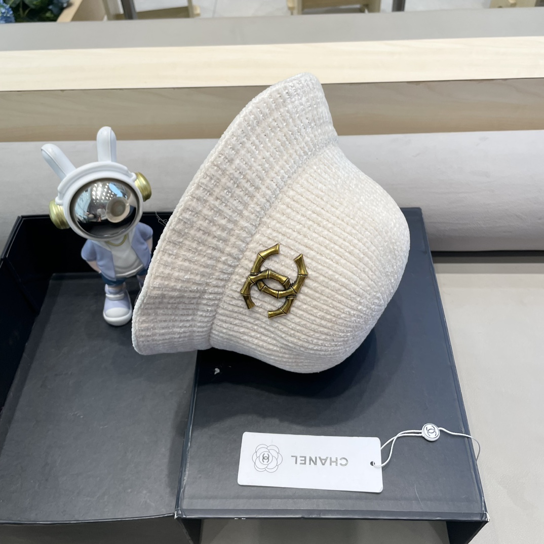  Chanel 纯色针织雪尼尔渔夫帽女短檐秋冬百搭休闲韩版显脸小网红水桶盆帽