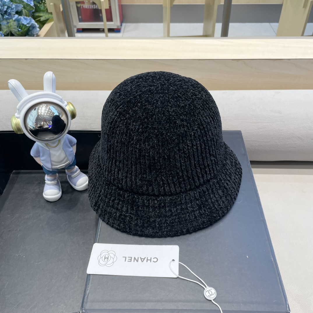  Chanel 纯色针织雪尼尔渔夫帽女短檐秋冬百搭休闲韩版显脸小网红水桶盆帽