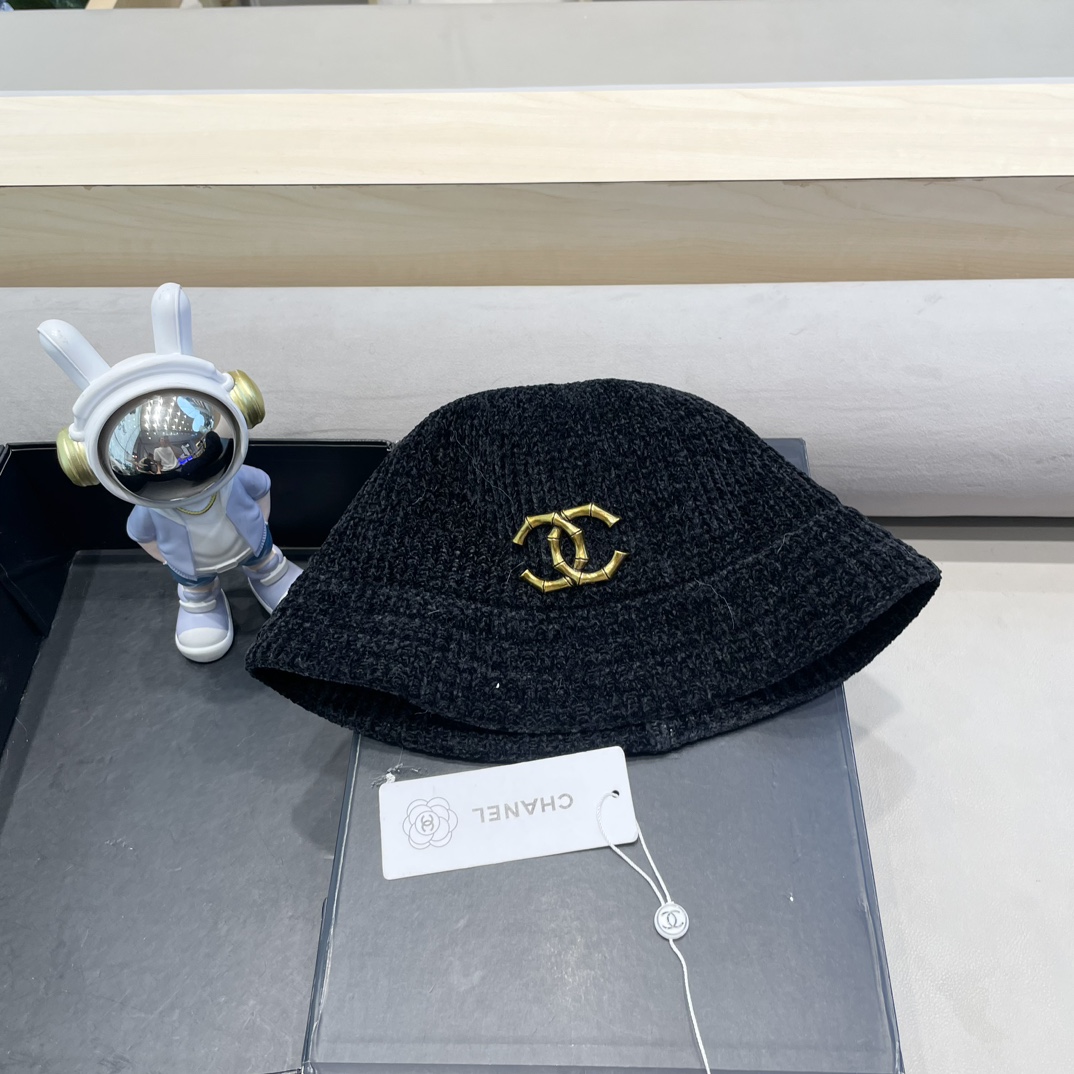  Chanel 纯色针织雪尼尔渔夫帽女短檐秋冬百搭休闲韩版显脸小网红水桶盆帽