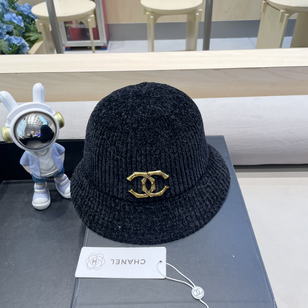  Chanel 纯色针织雪尼尔渔夫帽女短檐秋冬百搭休闲韩版显脸小网红水桶盆帽