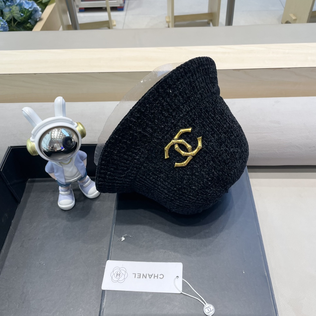  Chanel 纯色针织雪尼尔渔夫帽女短檐秋冬百搭休闲韩版显脸小网红水桶盆帽