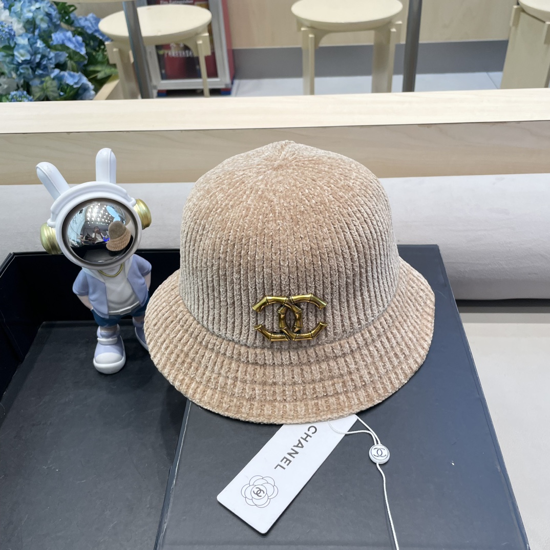  Chanel 纯色针织雪尼尔渔夫帽女短檐秋冬百搭休闲韩版显脸小网红水桶盆帽