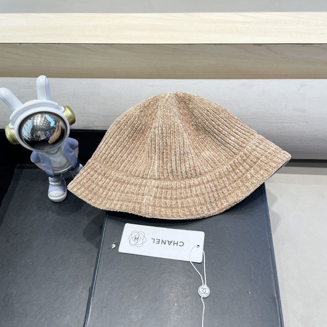  Chanel 纯色针织雪尼尔渔夫帽女短檐秋冬百搭休闲韩版显脸小网红水桶盆帽