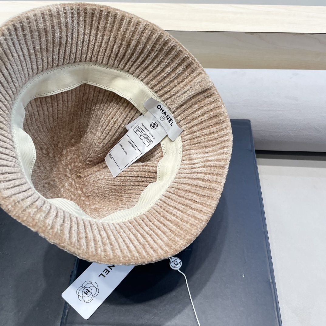  Chanel 纯色针织雪尼尔渔夫帽女短檐秋冬百搭休闲韩版显脸小网红水桶盆帽