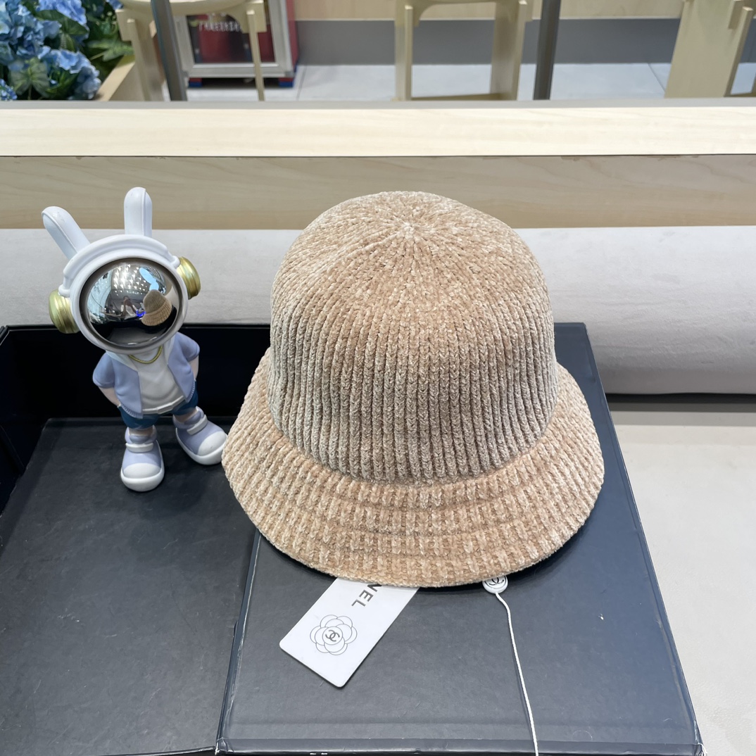  Chanel 纯色针织雪尼尔渔夫帽女短檐秋冬百搭休闲韩版显脸小网红水桶盆帽