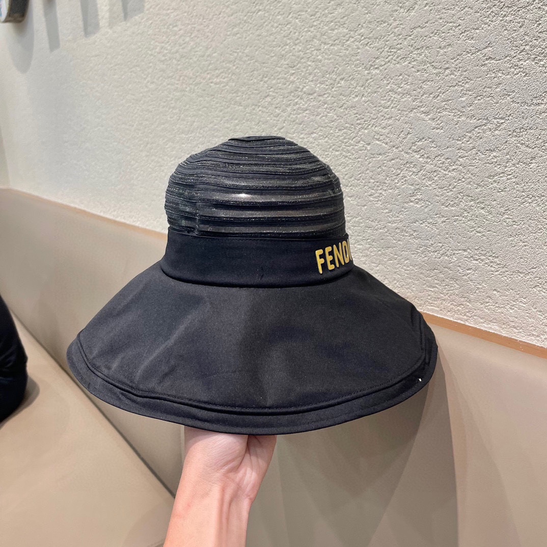 FENDI芬迪春款帽子女条纹网纱透气蝴蝶结渔夫帽大帽檐遮阳帽夏季防晒太阳帽