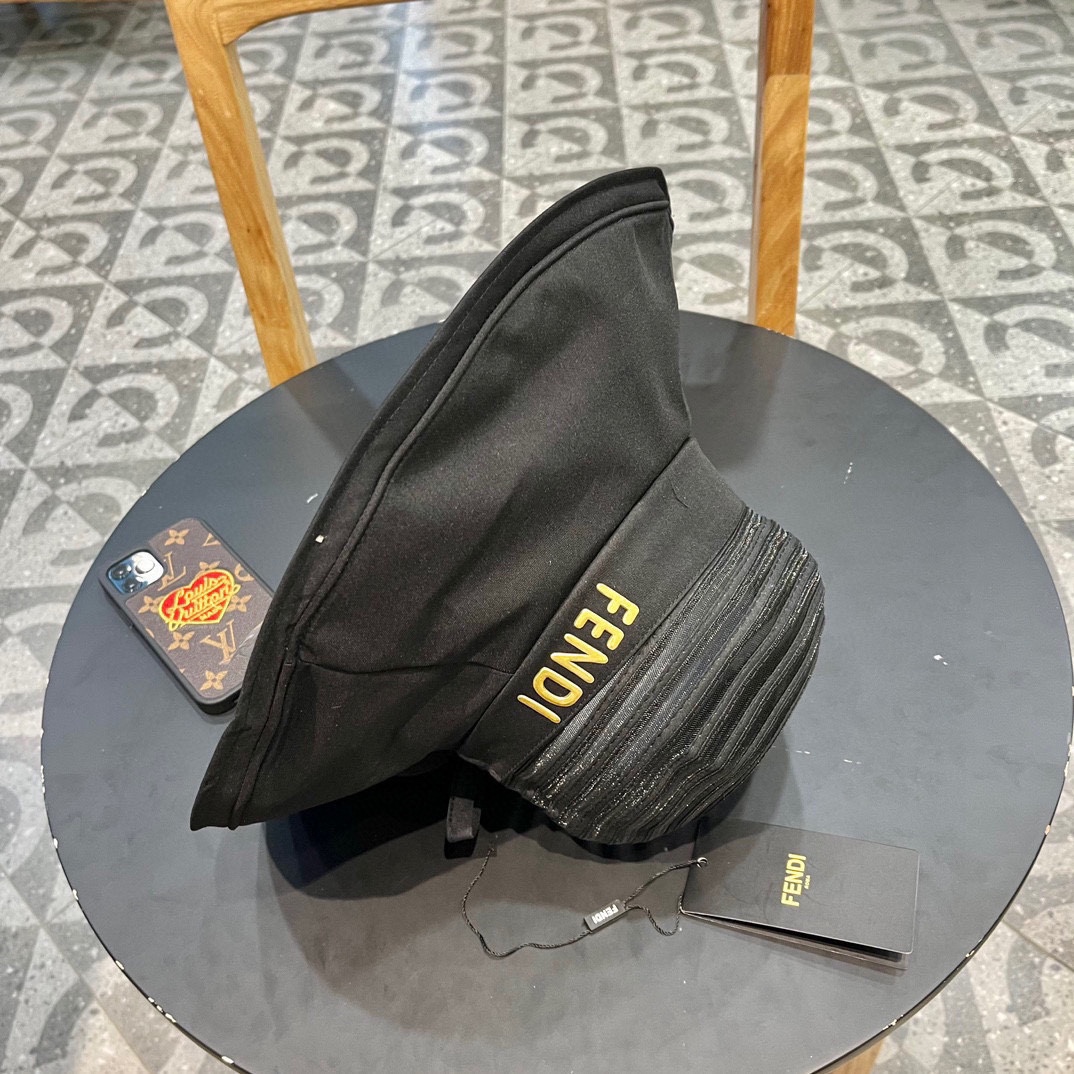 FENDI芬迪春款帽子女条纹网纱透气蝴蝶结渔夫帽大帽檐遮阳帽夏季防晒太阳帽