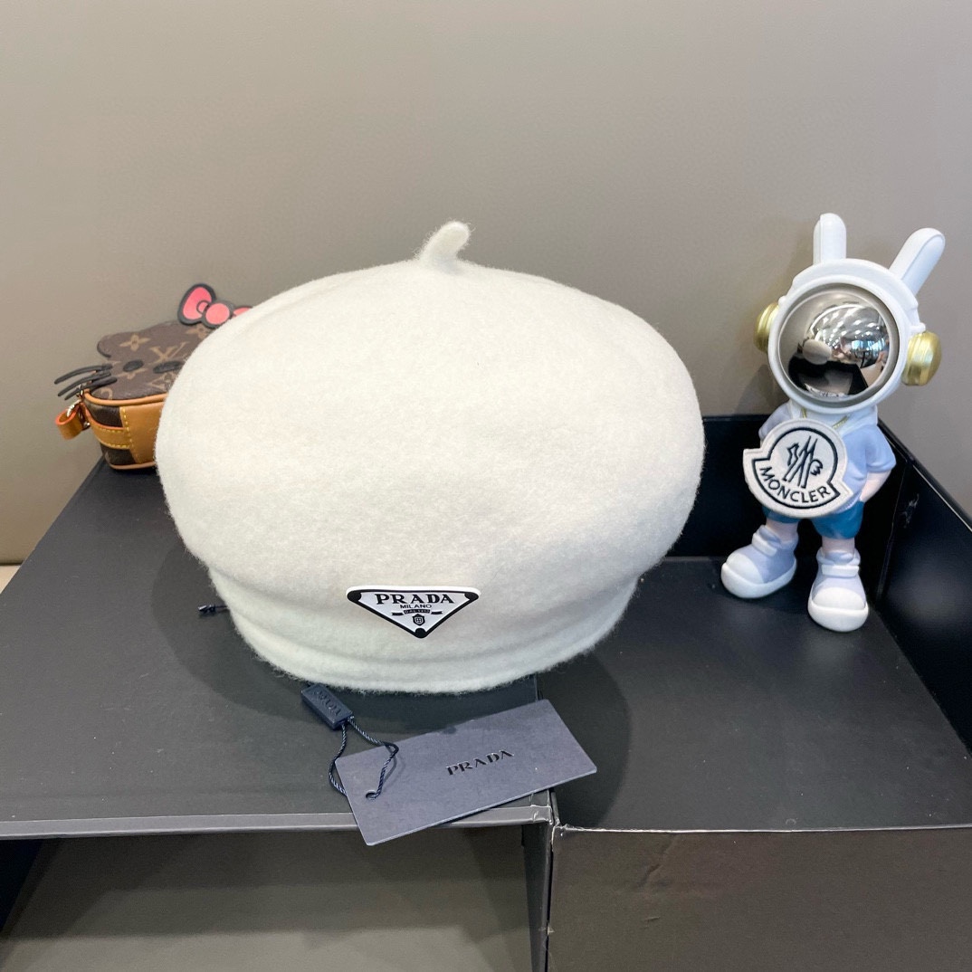  普拉达PRADA 秋冬季2024新款羊毛呢保暖贝雷帽子女韩版网红大头围显脸小画家帽