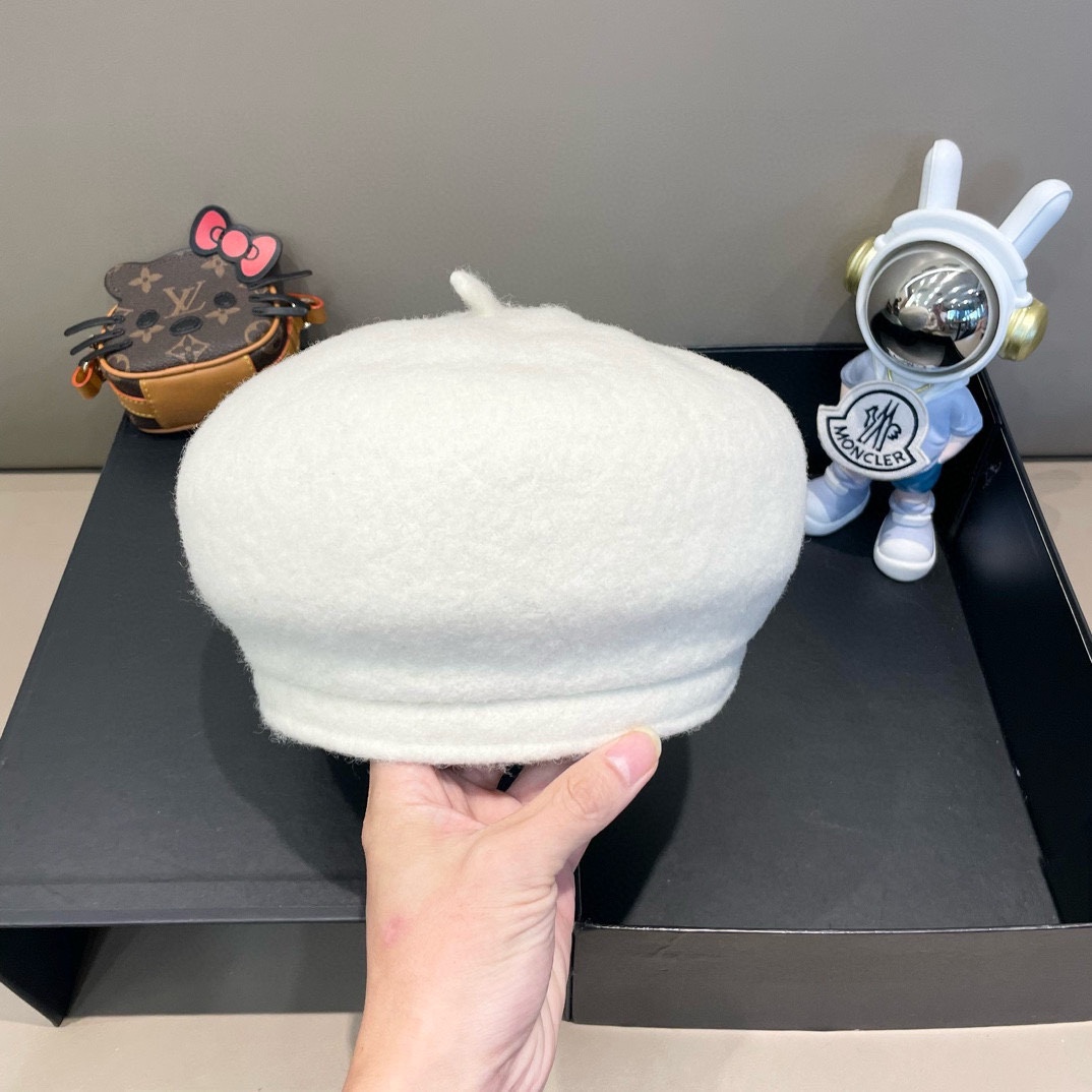  普拉达PRADA 秋冬季2024新款羊毛呢保暖贝雷帽子女韩版网红大头围显脸小画家帽