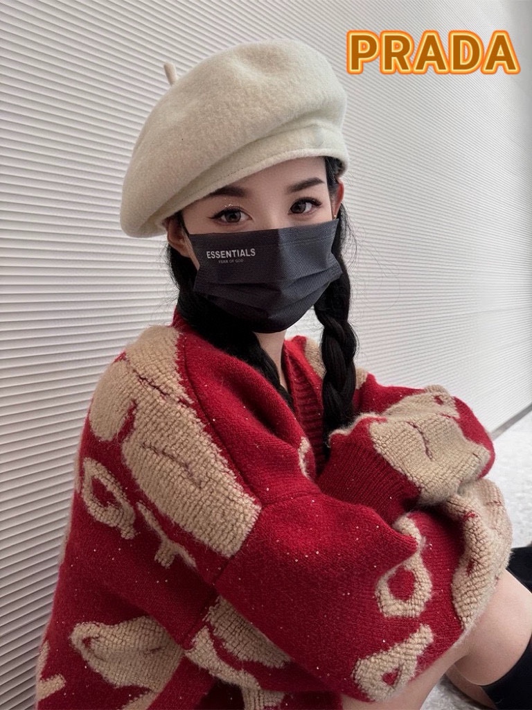  普拉达PRADA 秋冬季2024新款羊毛呢保暖贝雷帽子女韩版网红大头围显脸小画家帽