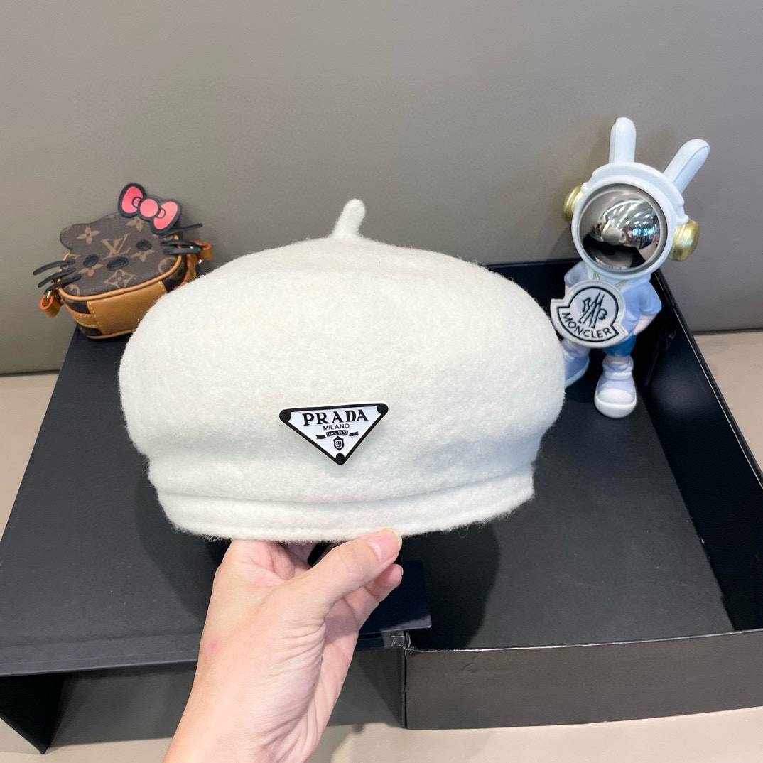  普拉达PRADA 秋冬季2024新款羊毛呢保暖贝雷帽子女韩版网红大头围显脸小画家帽