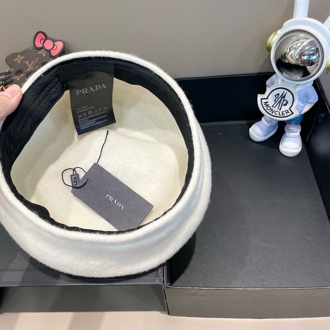  普拉达PRADA 秋冬季2024新款羊毛呢保暖贝雷帽子女韩版网红大头围显脸小画家帽