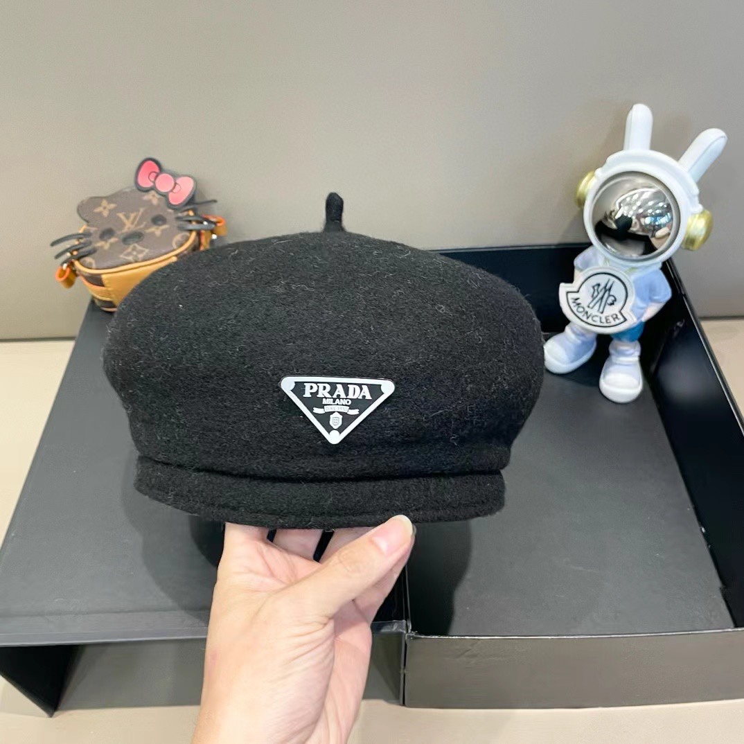  普拉达PRADA 秋冬季2024新款羊毛呢保暖贝雷帽子女韩版网红大头围显脸小画家帽