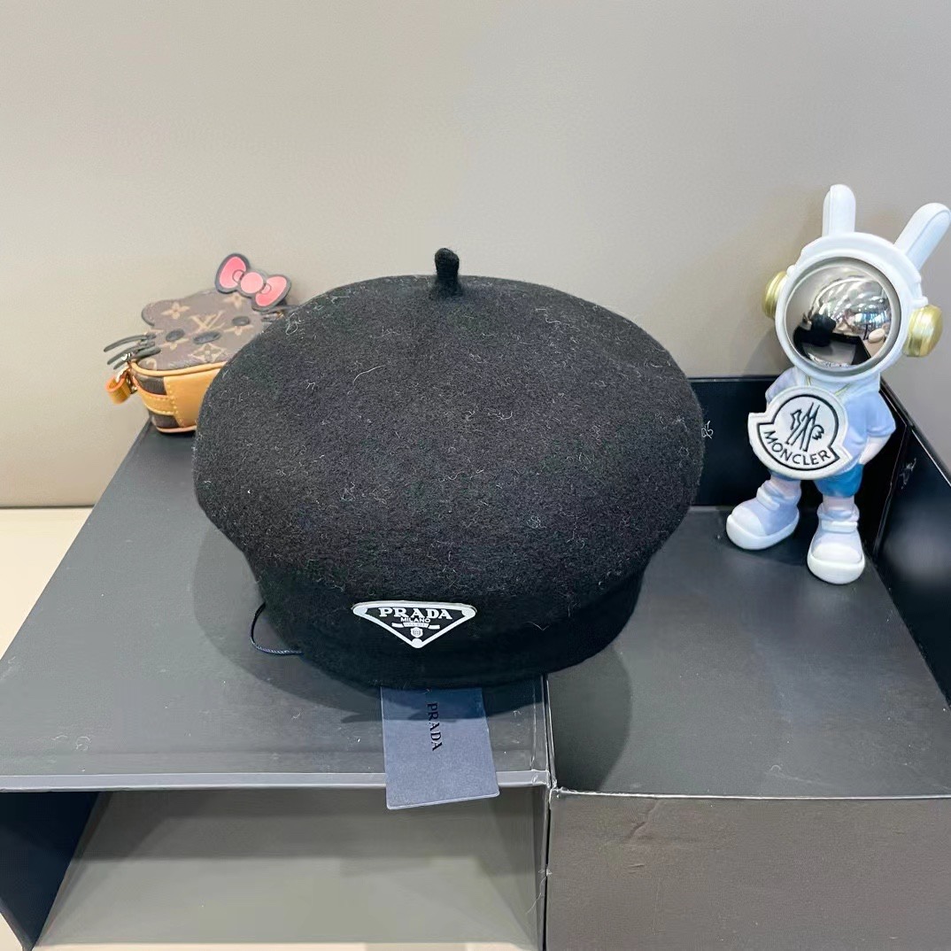  普拉达PRADA 秋冬季2024新款羊毛呢保暖贝雷帽子女韩版网红大头围显脸小画家帽