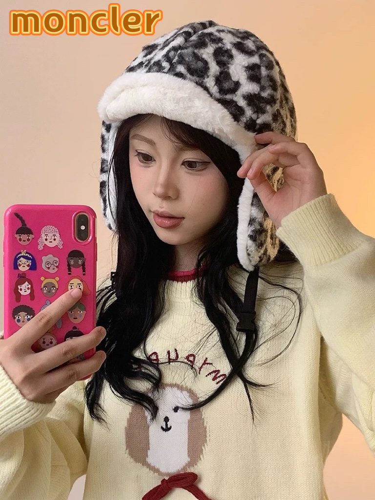  moncler冬季韩豹纹加绒加厚雷锋帽冬天户外保暖护耳帽男女抗寒休闲套头帽