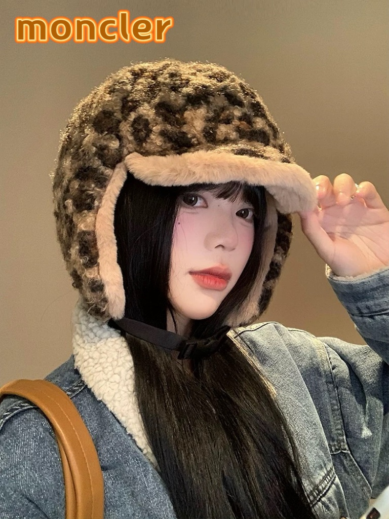  moncler冬季韩豹纹加绒加厚雷锋帽冬天户外保暖护耳帽男女抗寒休闲套头帽
