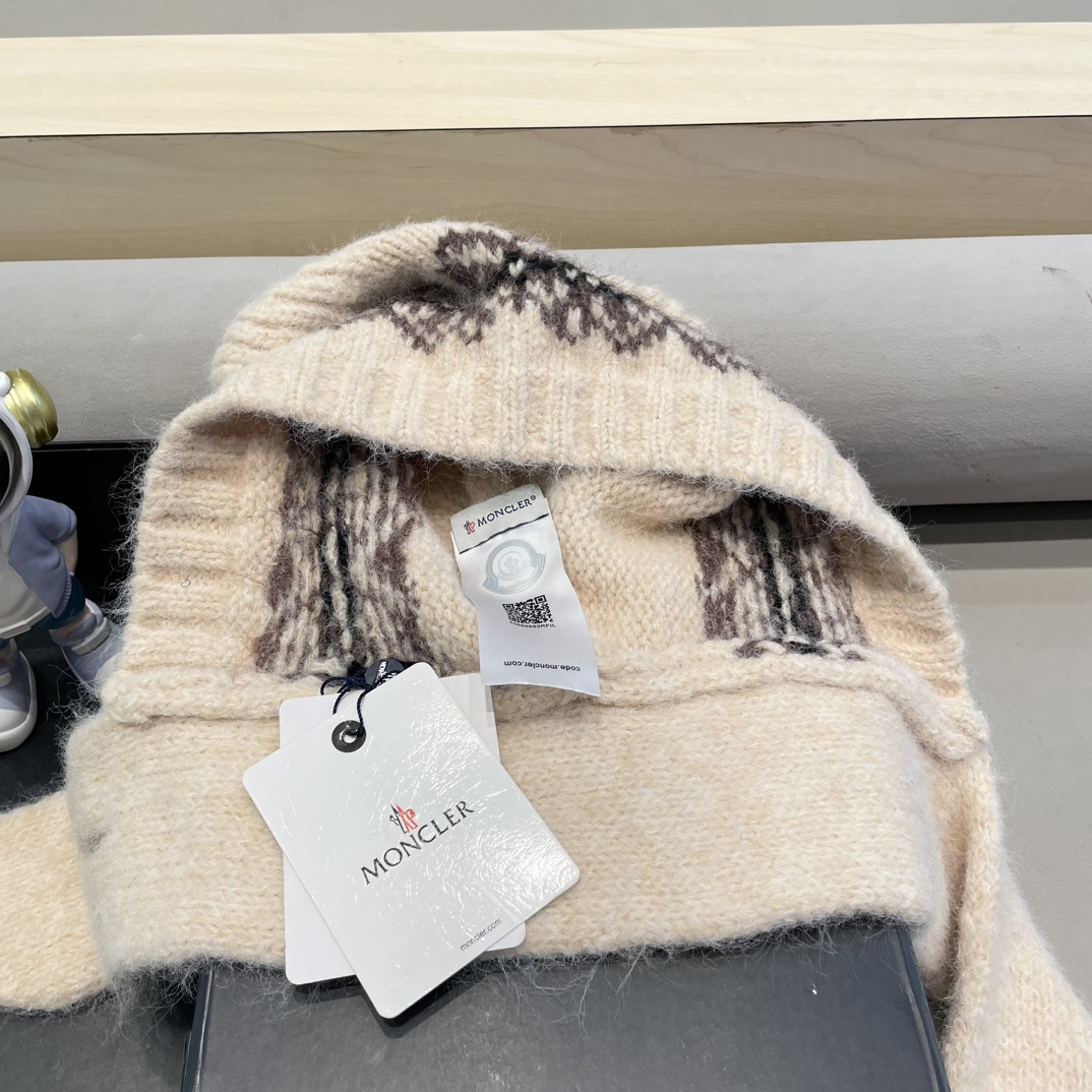  moncler可爱小熊帽子女秋冬护脖围巾一体针织帽户外保暖巴拉克法帽大头围