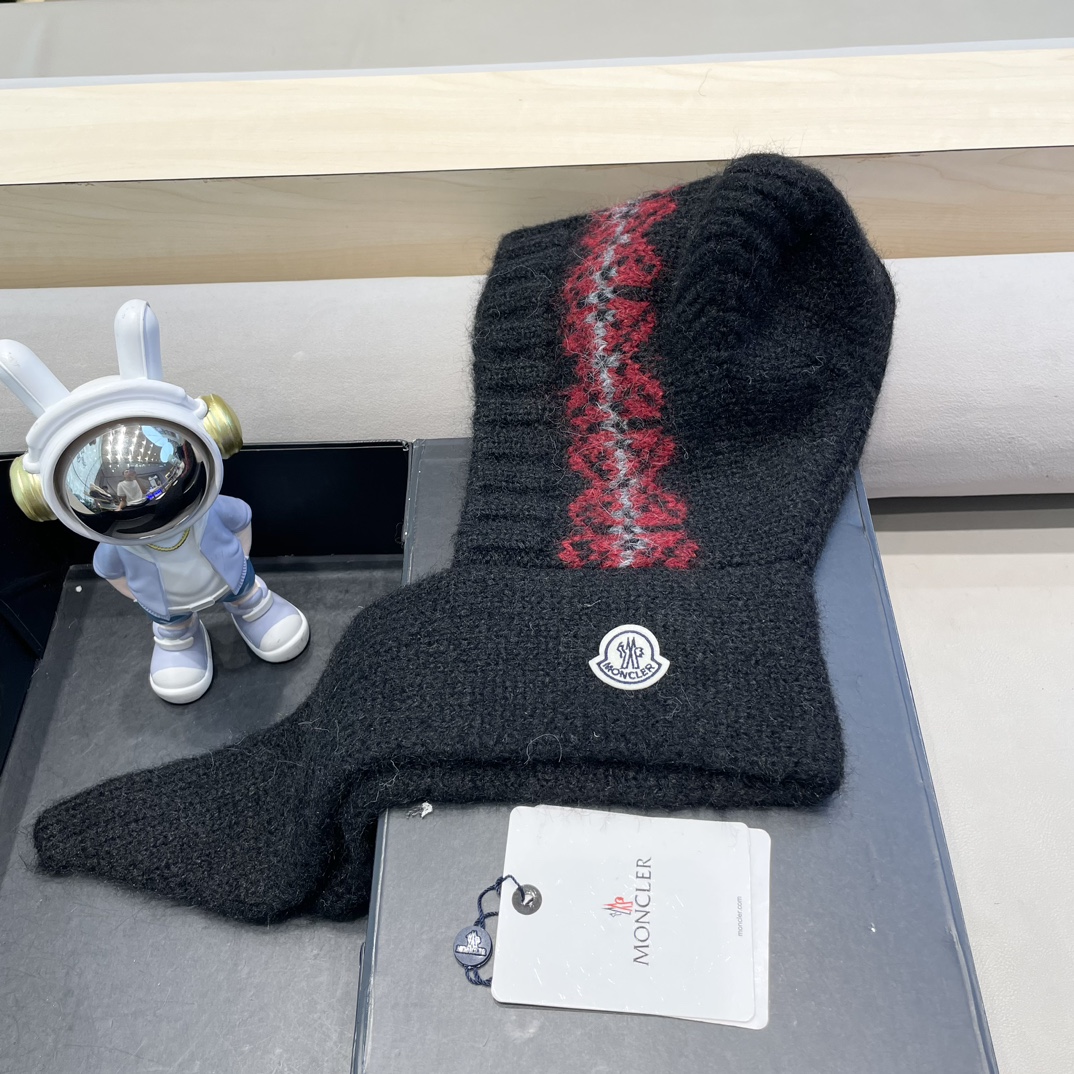  moncler可爱小熊帽子女秋冬护脖围巾一体针织帽户外保暖巴拉克法帽大头围