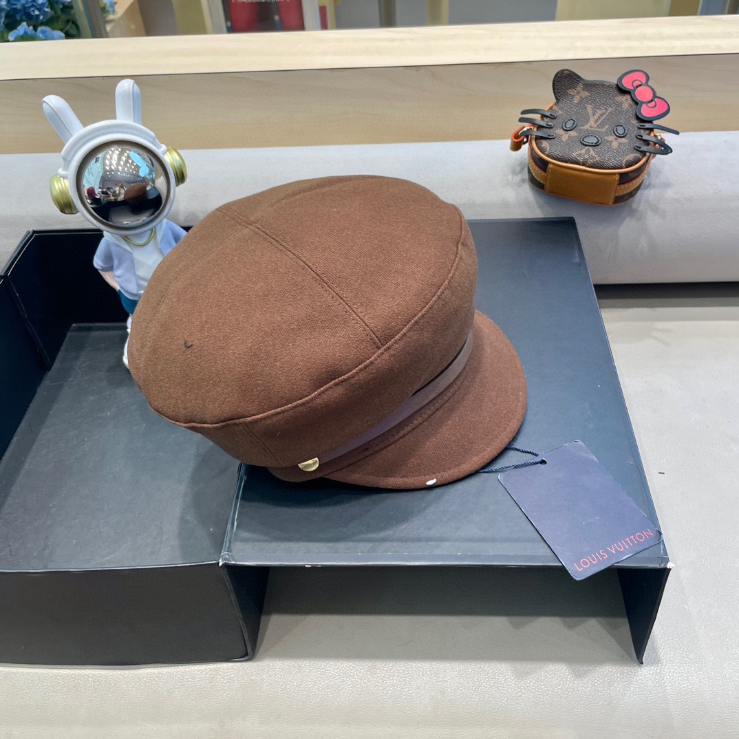  路易威登黑色贝雷帽女秋冬新款日系大头围蓓蕾帽显脸小八角画家帽子春