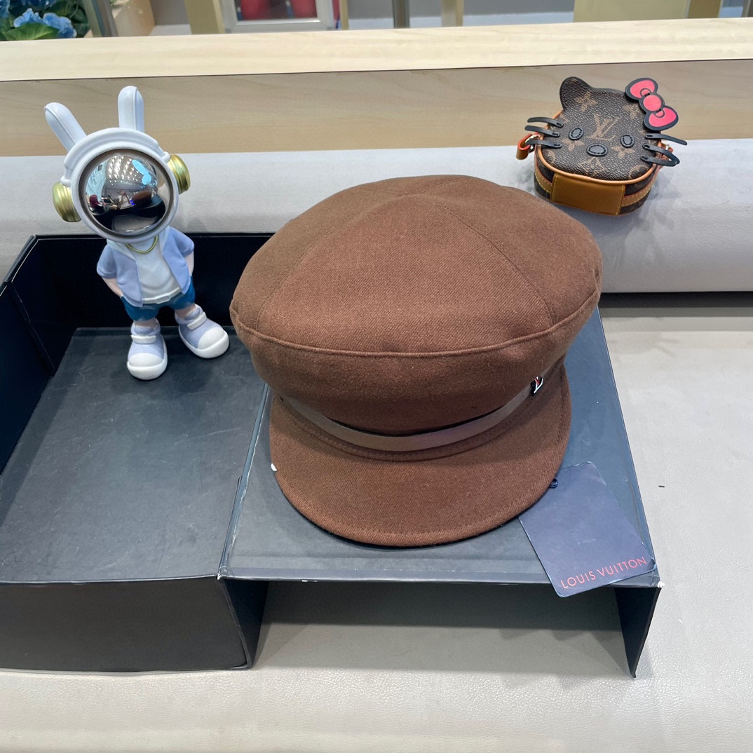  路易威登黑色贝雷帽女秋冬新款日系大头围蓓蕾帽显脸小八角画家帽子春