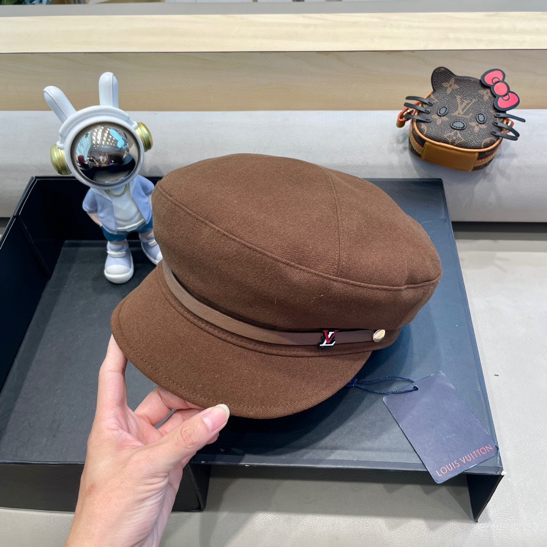  路易威登黑色贝雷帽女秋冬新款日系大头围蓓蕾帽显脸小八角画家帽子春
