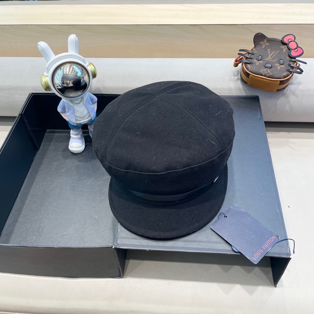  路易威登黑色贝雷帽女秋冬新款日系大头围蓓蕾帽显脸小八角画家帽子春