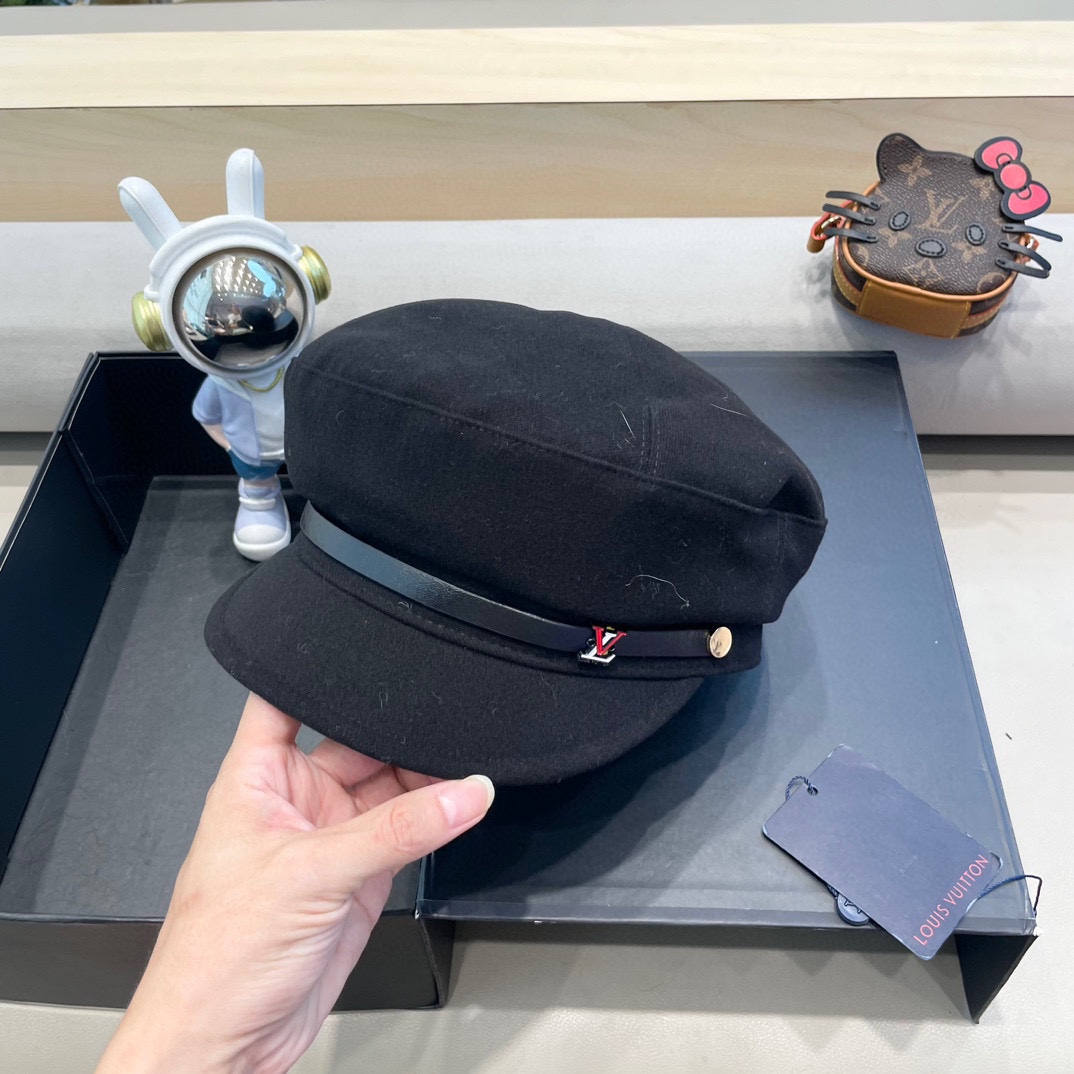  路易威登黑色贝雷帽女秋冬新款日系大头围蓓蕾帽显脸小八角画家帽子春