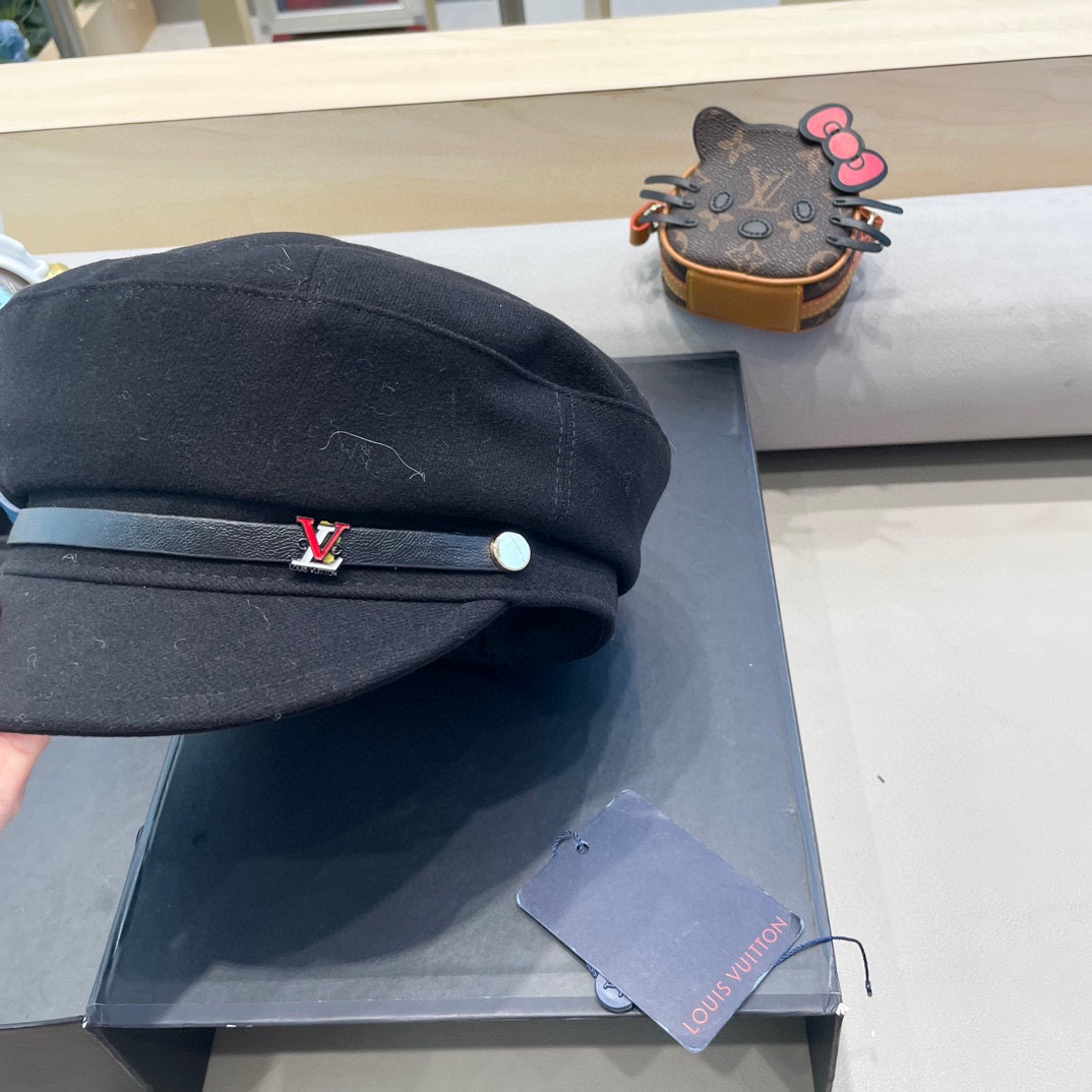  路易威登黑色贝雷帽女秋冬新款日系大头围蓓蕾帽显脸小八角画家帽子春