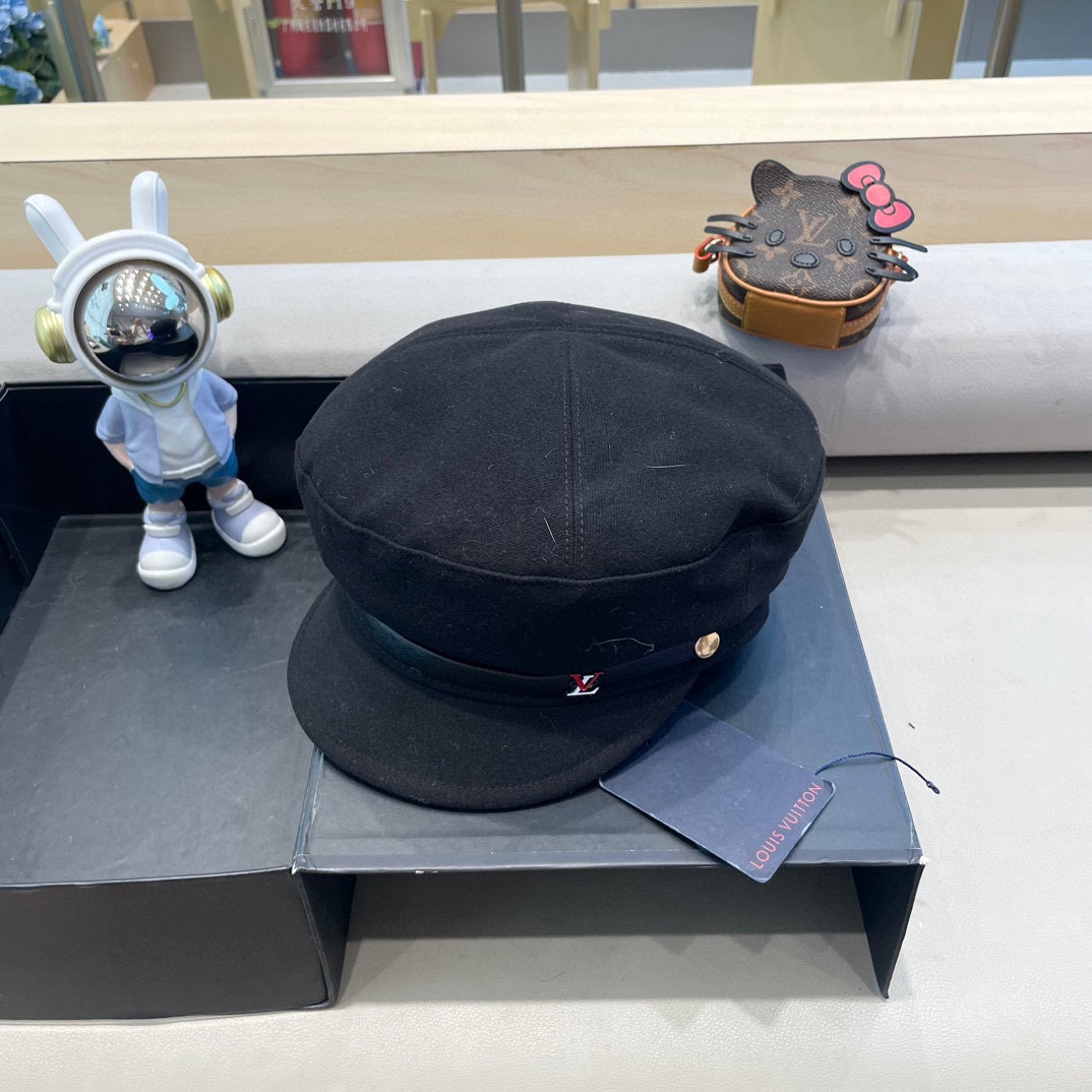  路易威登黑色贝雷帽女秋冬新款日系大头围蓓蕾帽显脸小八角画家帽子春