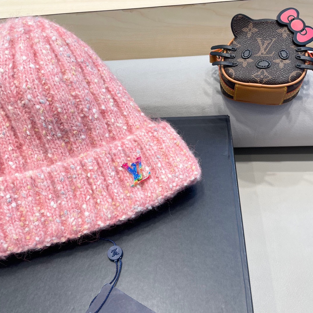  路易威登lv日系彩色毛线帽女秋冬2024新款保暖帽子百搭护耳保暖显脸小针织帽