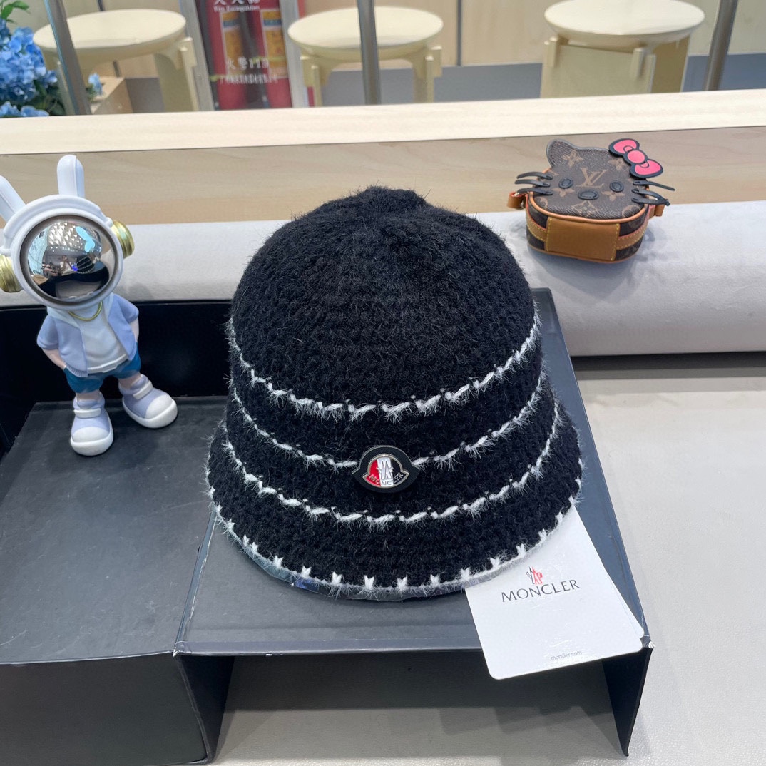   👒蒙‌口Moncler👒法式针织帽女春秋季新款时尚遮阳盆帽条纹防晒帽子水桶编织渔夫帽
