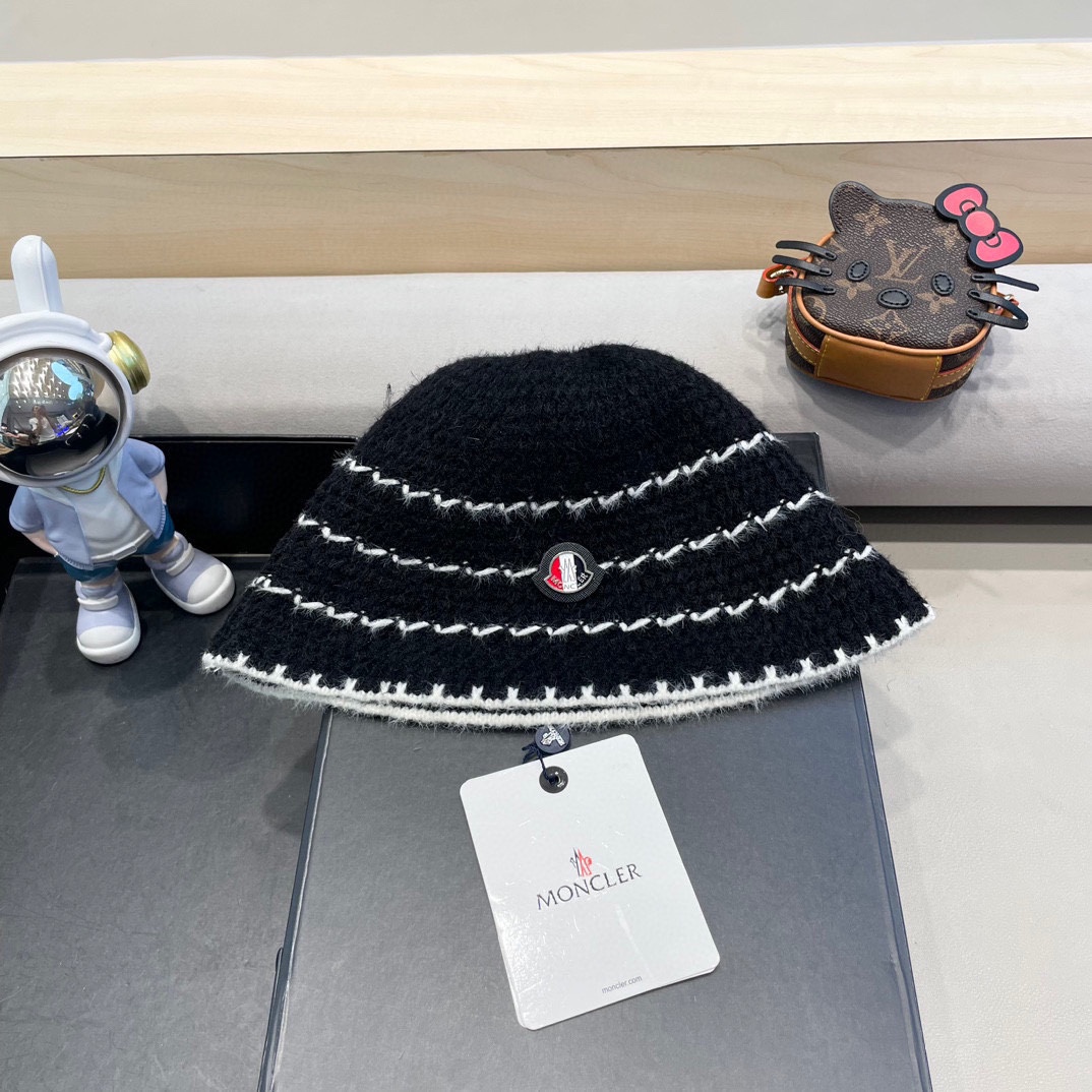   👒蒙‌口Moncler👒法式针织帽女春秋季新款时尚遮阳盆帽条纹防晒帽子水桶编织渔夫帽