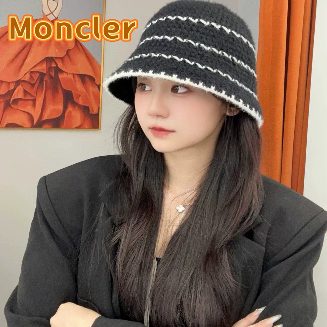  👒蒙‌口Moncler👒法式针织帽女春秋季新款时尚遮阳盆帽条纹防晒帽子水桶编织渔夫帽