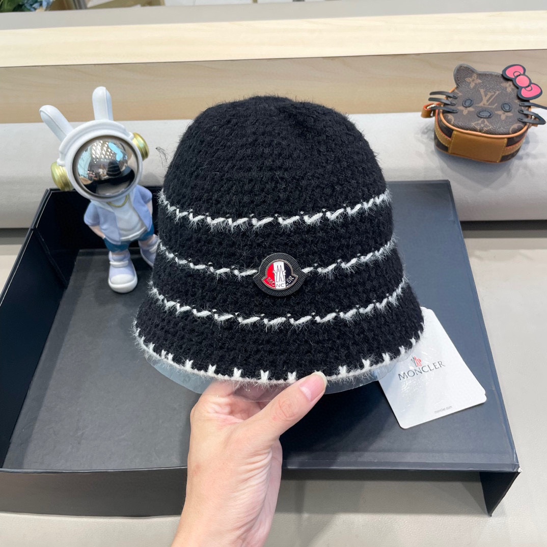   👒蒙‌口Moncler👒法式针织帽女春秋季新款时尚遮阳盆帽条纹防晒帽子水桶编织渔夫帽