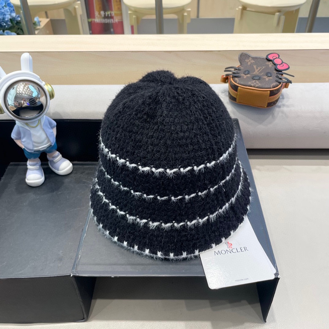   👒蒙‌口Moncler👒法式针织帽女春秋季新款时尚遮阳盆帽条纹防晒帽子水桶编织渔夫帽