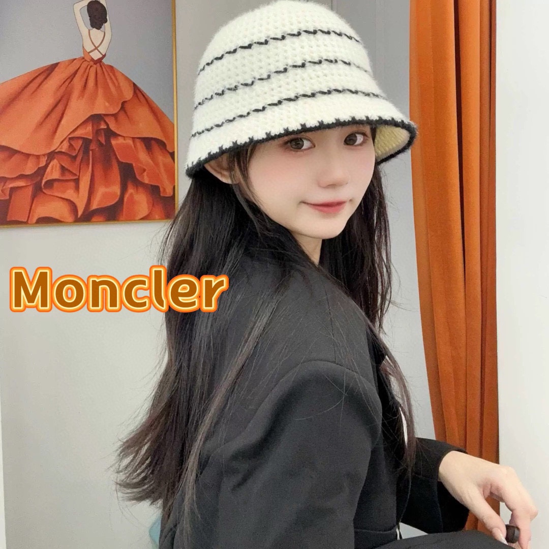   👒蒙‌口Moncler👒法式针织帽女春秋季新款时尚遮阳盆帽条纹防晒帽子水桶编织渔夫帽