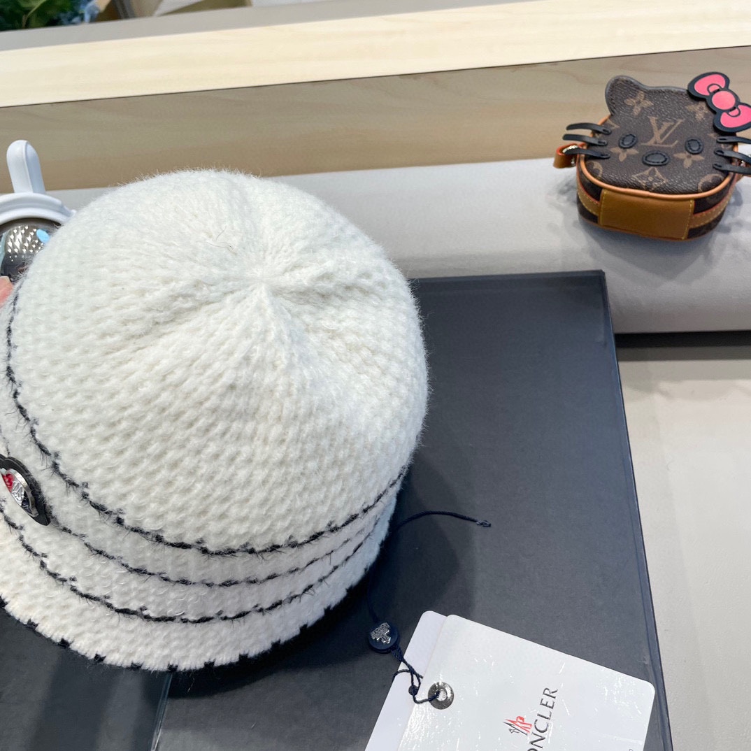   👒蒙‌口Moncler👒法式针织帽女春秋季新款时尚遮阳盆帽条纹防晒帽子水桶编织渔夫帽