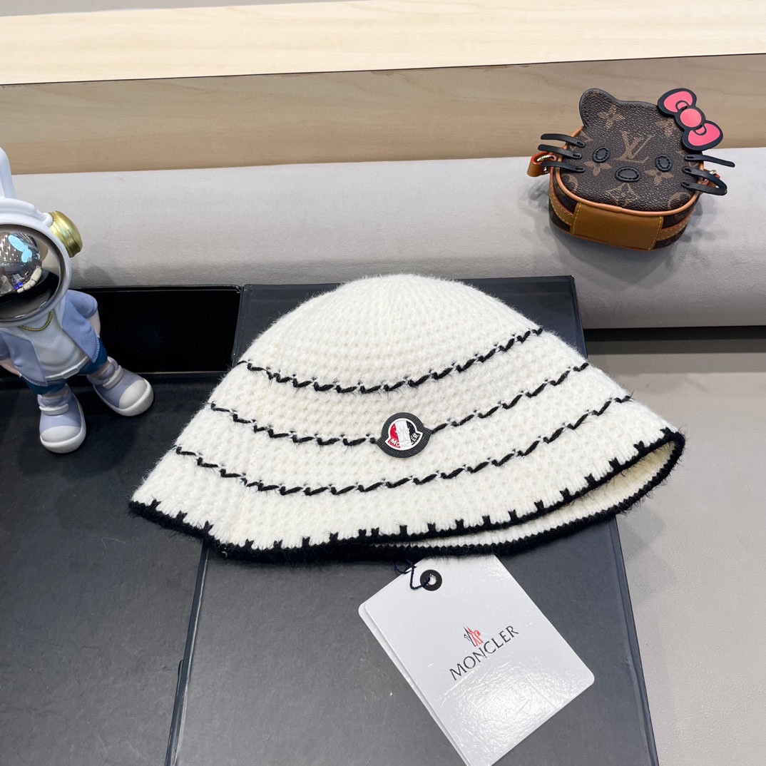   👒蒙‌口Moncler👒法式针织帽女春秋季新款时尚遮阳盆帽条纹防晒帽子水桶编织渔夫帽